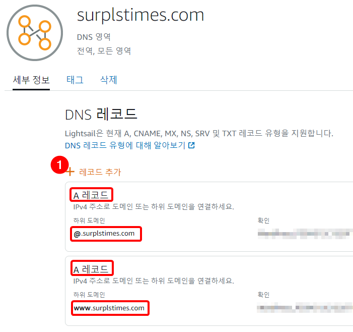 [잉여타임즈] AWS 라이트세일 – DNS 레코드 생성
