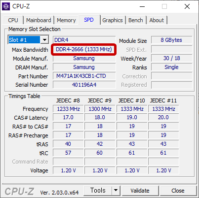 [잉여타임즈] MSI GP63 Leopard 8RE 분해 - 메모리, DDR4-2666 [출처=CPU-Z]